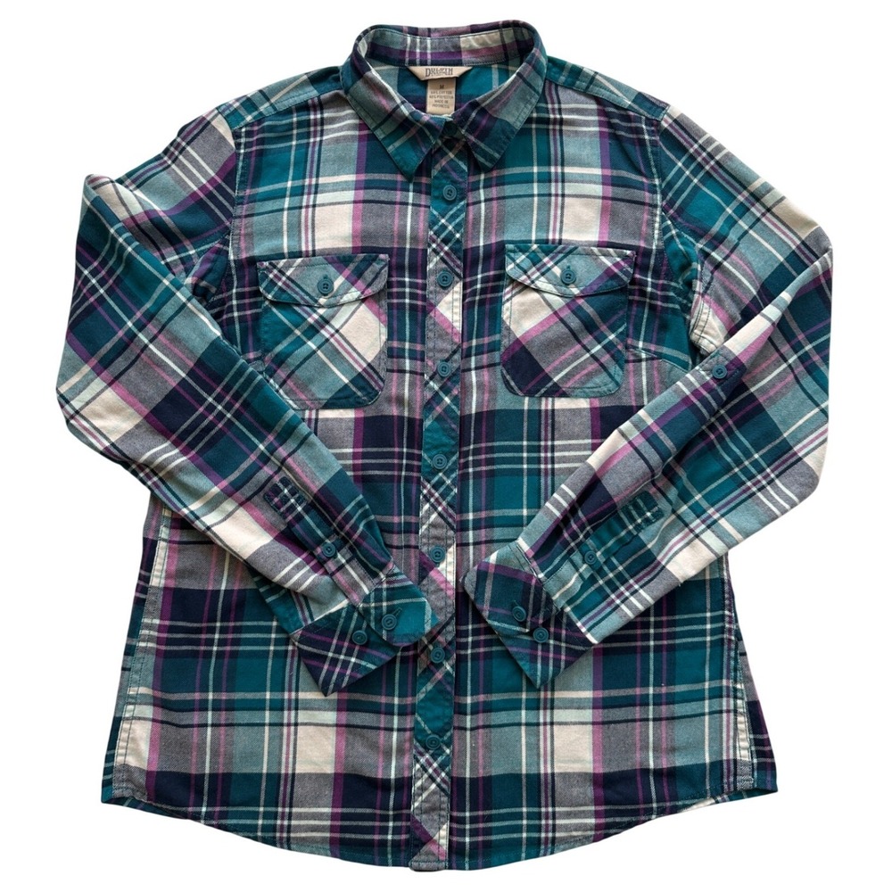 Duluth Trading Co Flannel Shirt Womens Medium Teal Purple Plaid Excellent